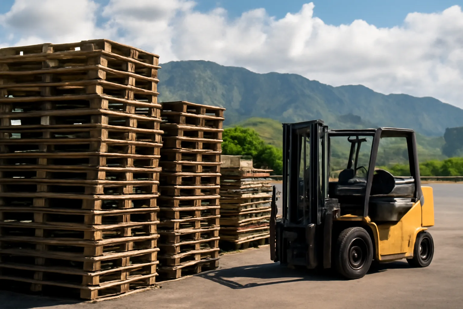 Stacked wooden pallets in a Honolulu industrial yard at morning