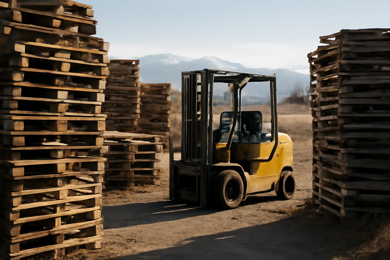 Stacked wooden pallets on a Colorado lot in late sun