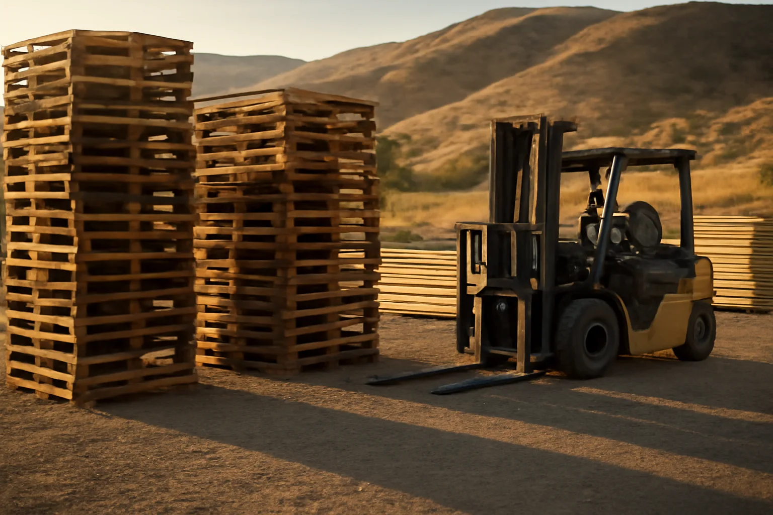 Wooden pallets stacked in an Idaho industrial yard at sunset