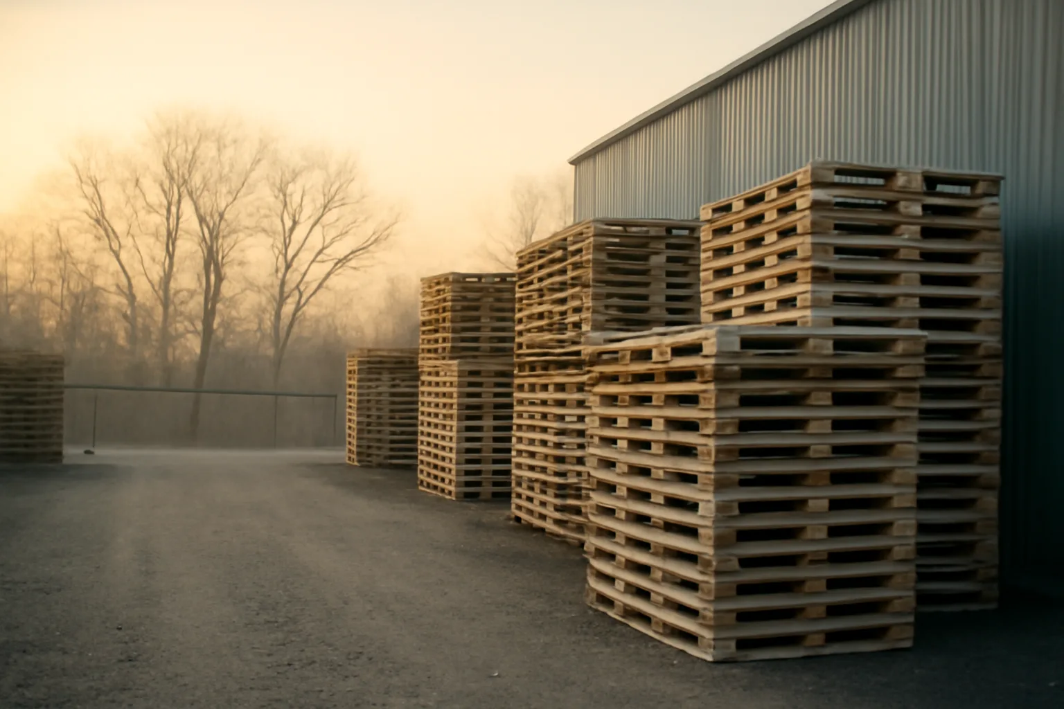 Wood pallets stacked in a Connecticut industrial yard at sunrise