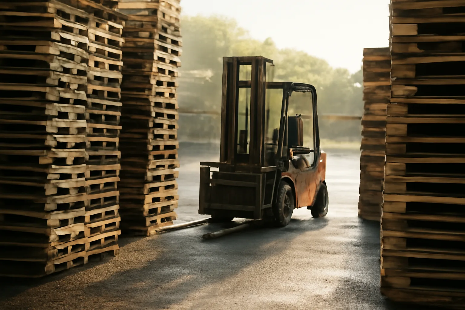 Stacked wood pallets in a Delaware industrial yard at morning