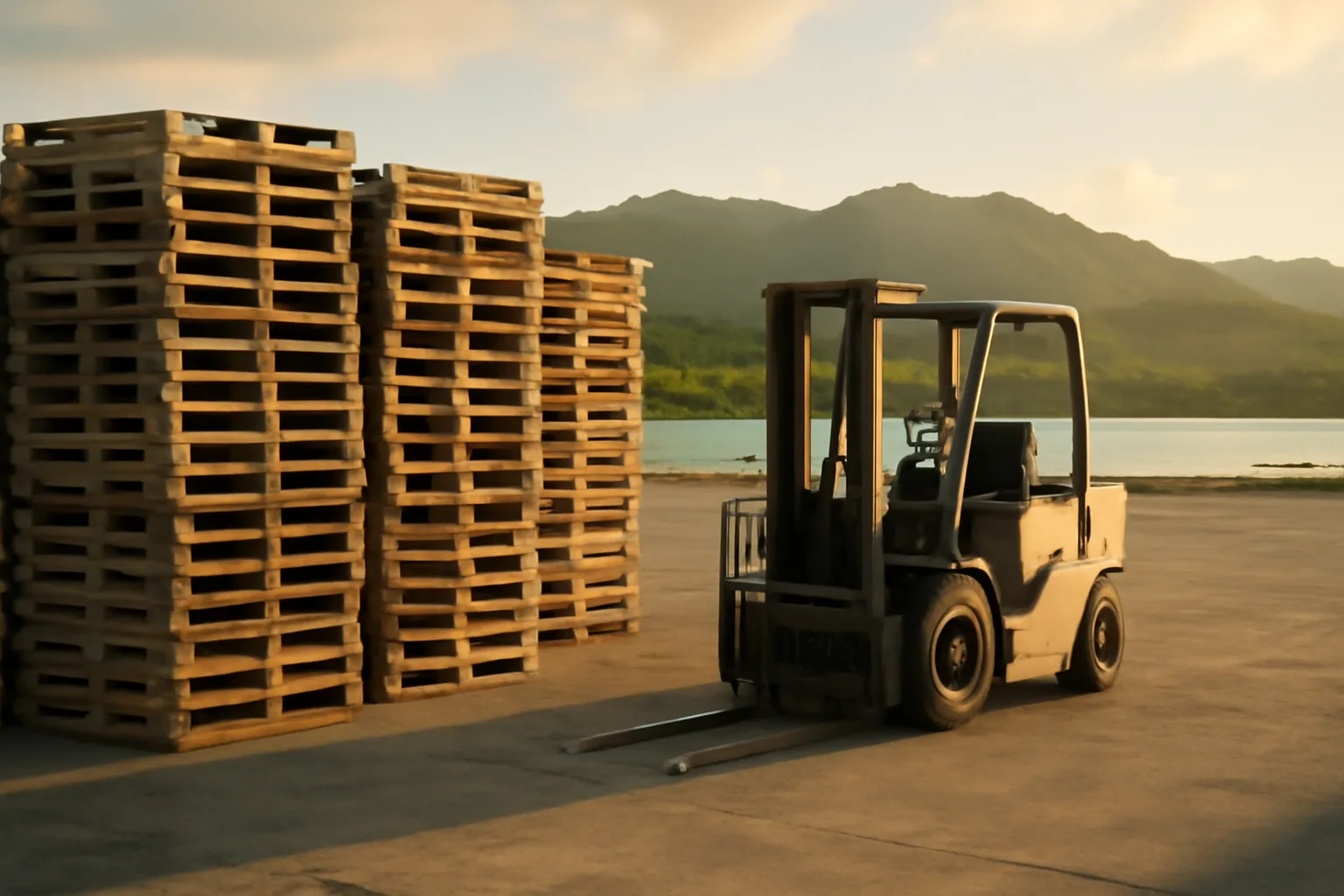 Wooden pallets stacked at a Hawaii pallet yard in morning light